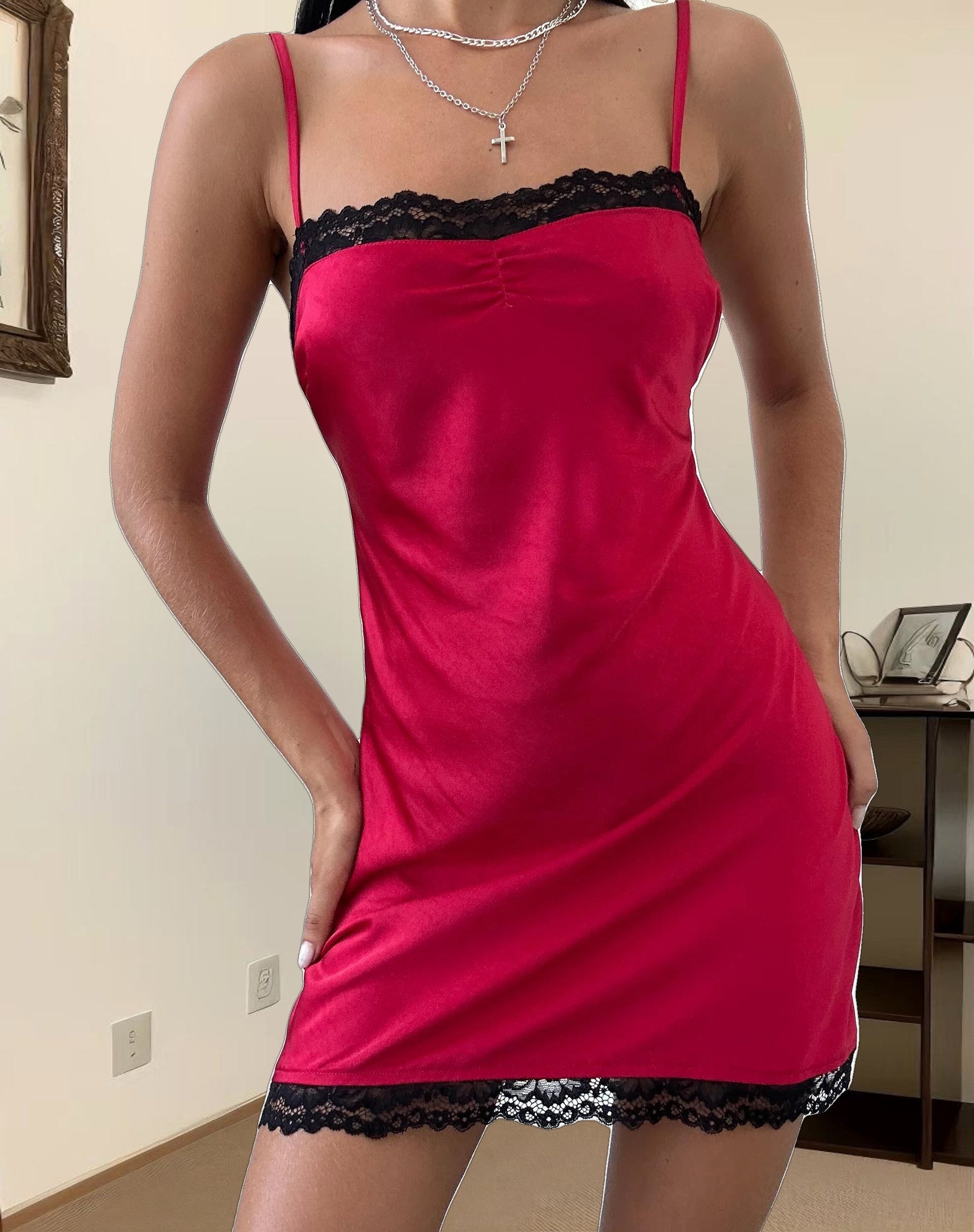 Larna Satin Mini Dress in Red with Black Lace Trimming
