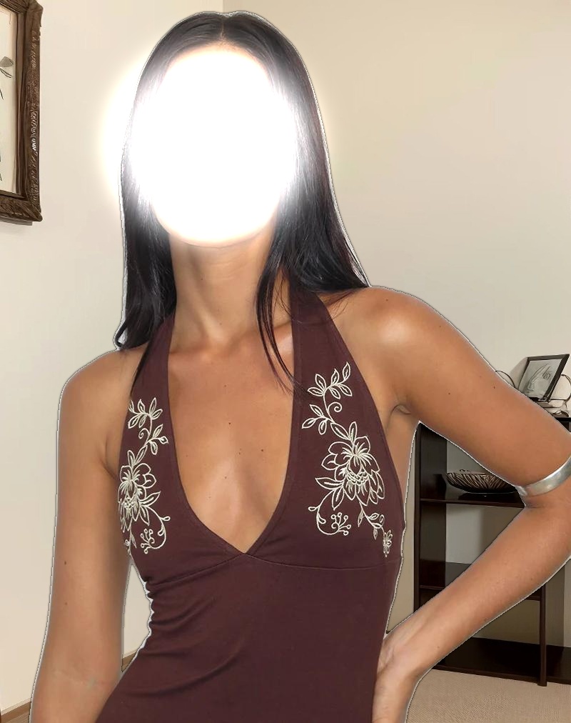 Hepzhi Mini Dress in Bitter Chocolate with Floral Embroidery