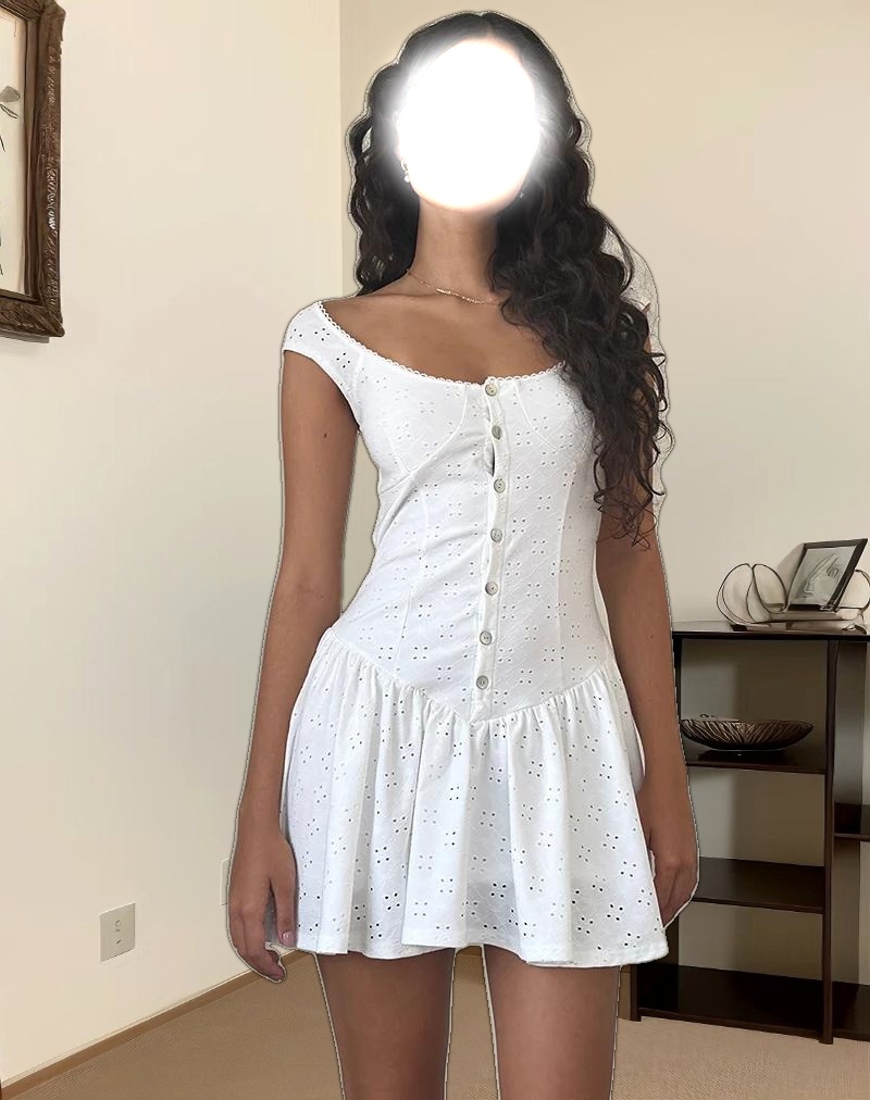 Misty Mini Tea Dress in Broderie White