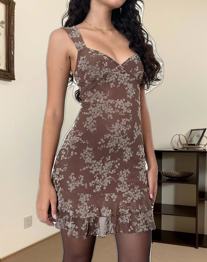 Astika Mini Dress in Blooming Vines Brown