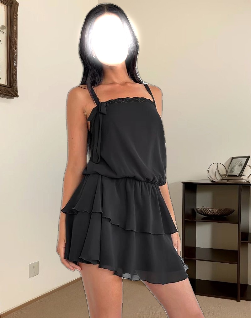 Wasinah Mini Dress in Black Chiffon with Lace Trim