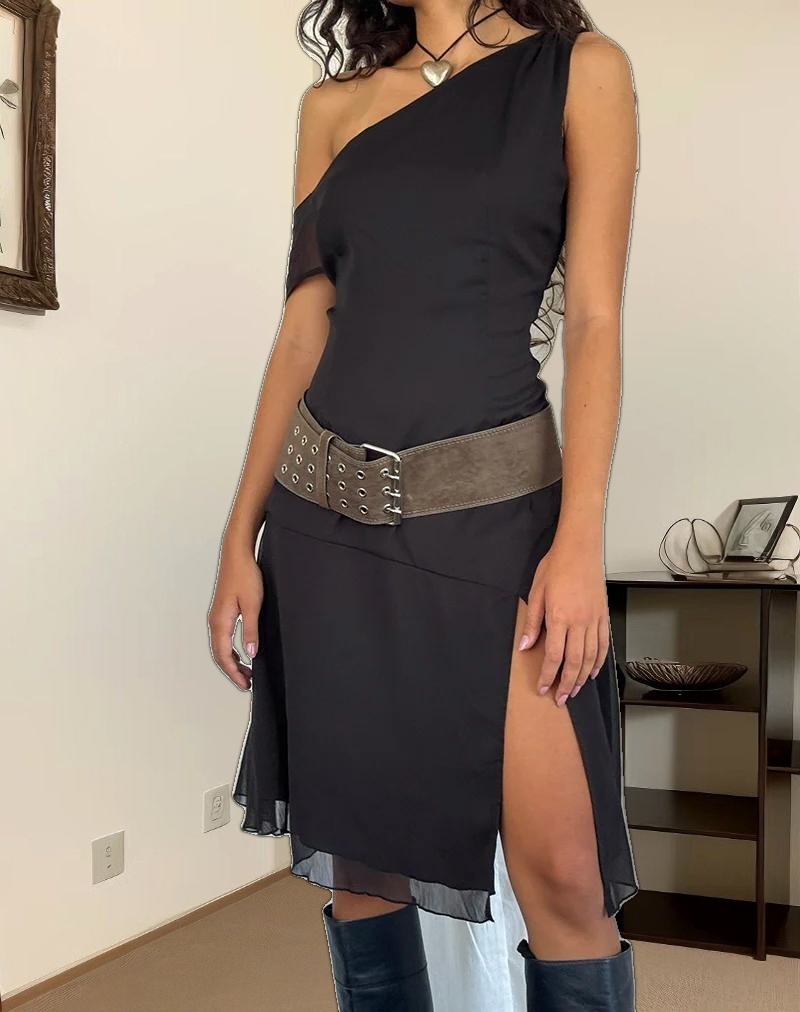 Carissa One Shoulder Chiffon Midi Dress in Black