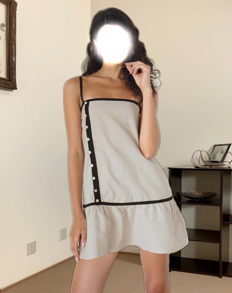 Berin Mini Tea Dress in Linen Ecru with Black Binding