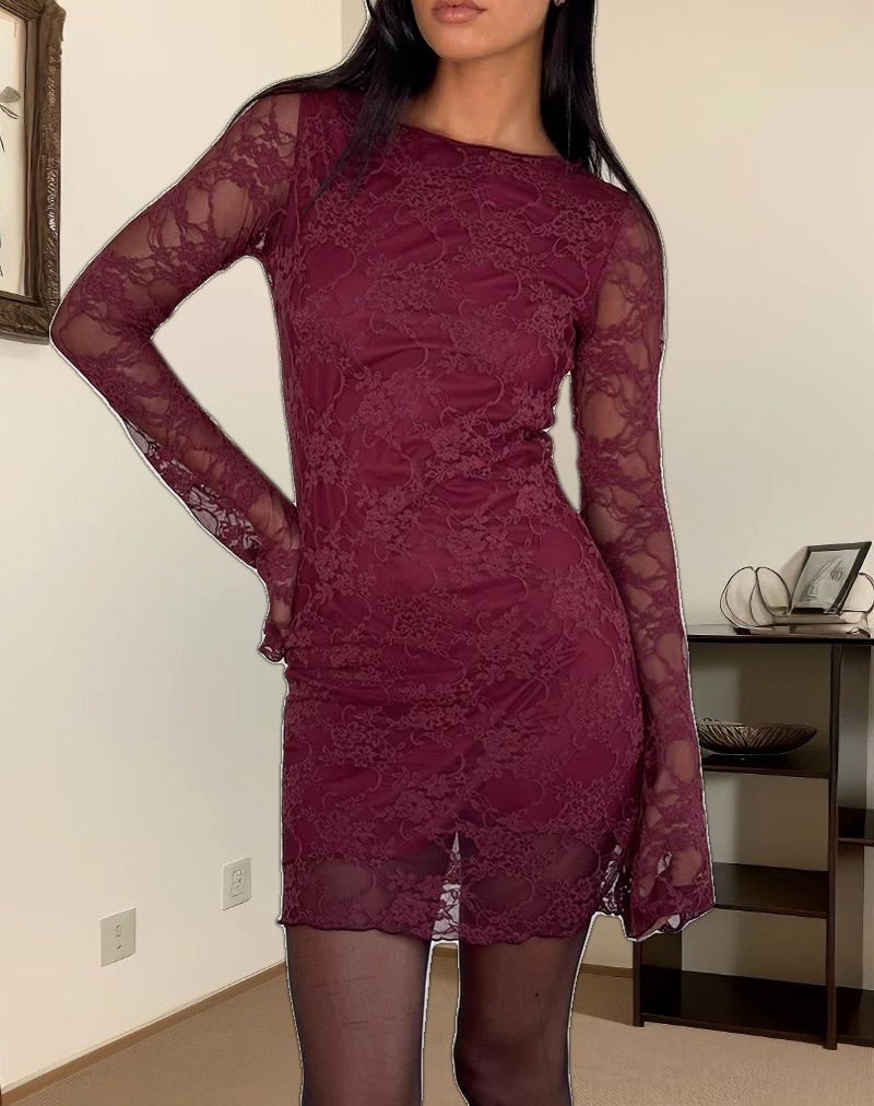 Sevila Long Sleeve Mini Dress Lace Burgundy