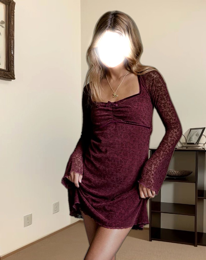 Luth Mini Dress in Ditsy Flocked Burnt Maroon