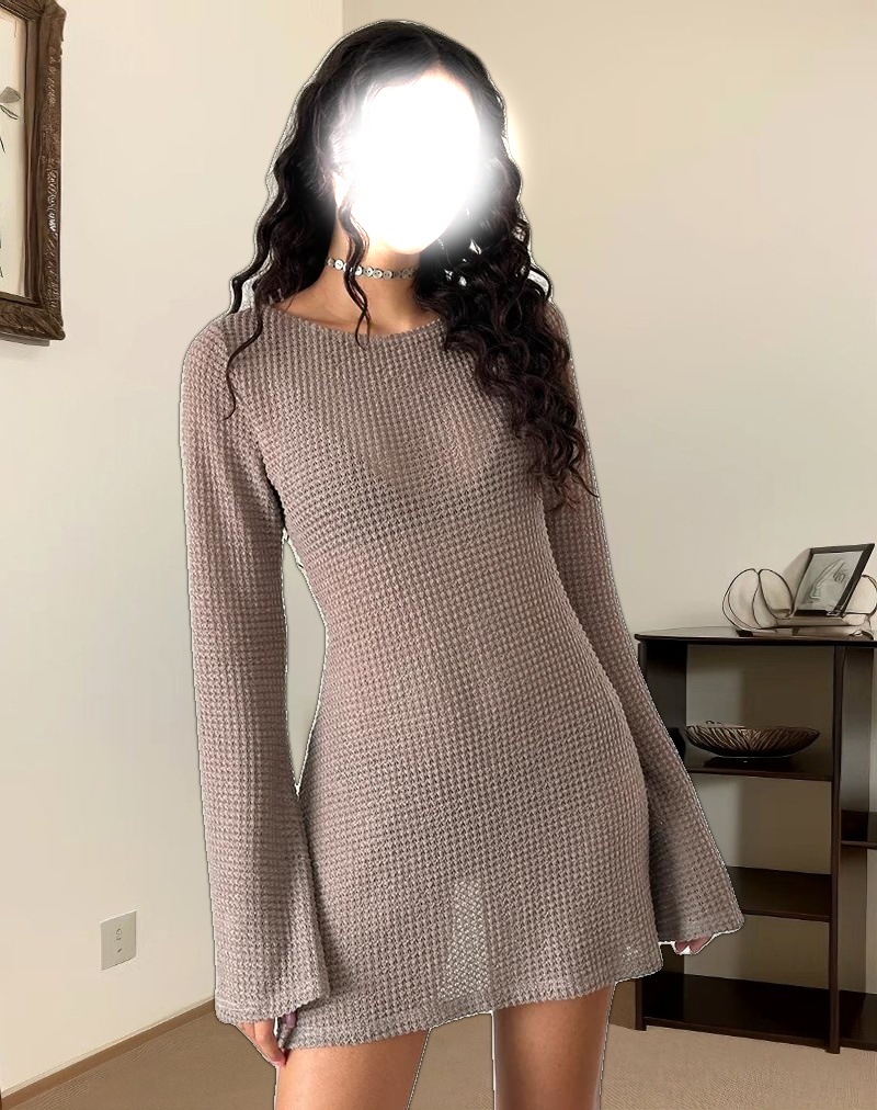 Sevila Long Sleeve Mini Dress in Light Taupe Knit