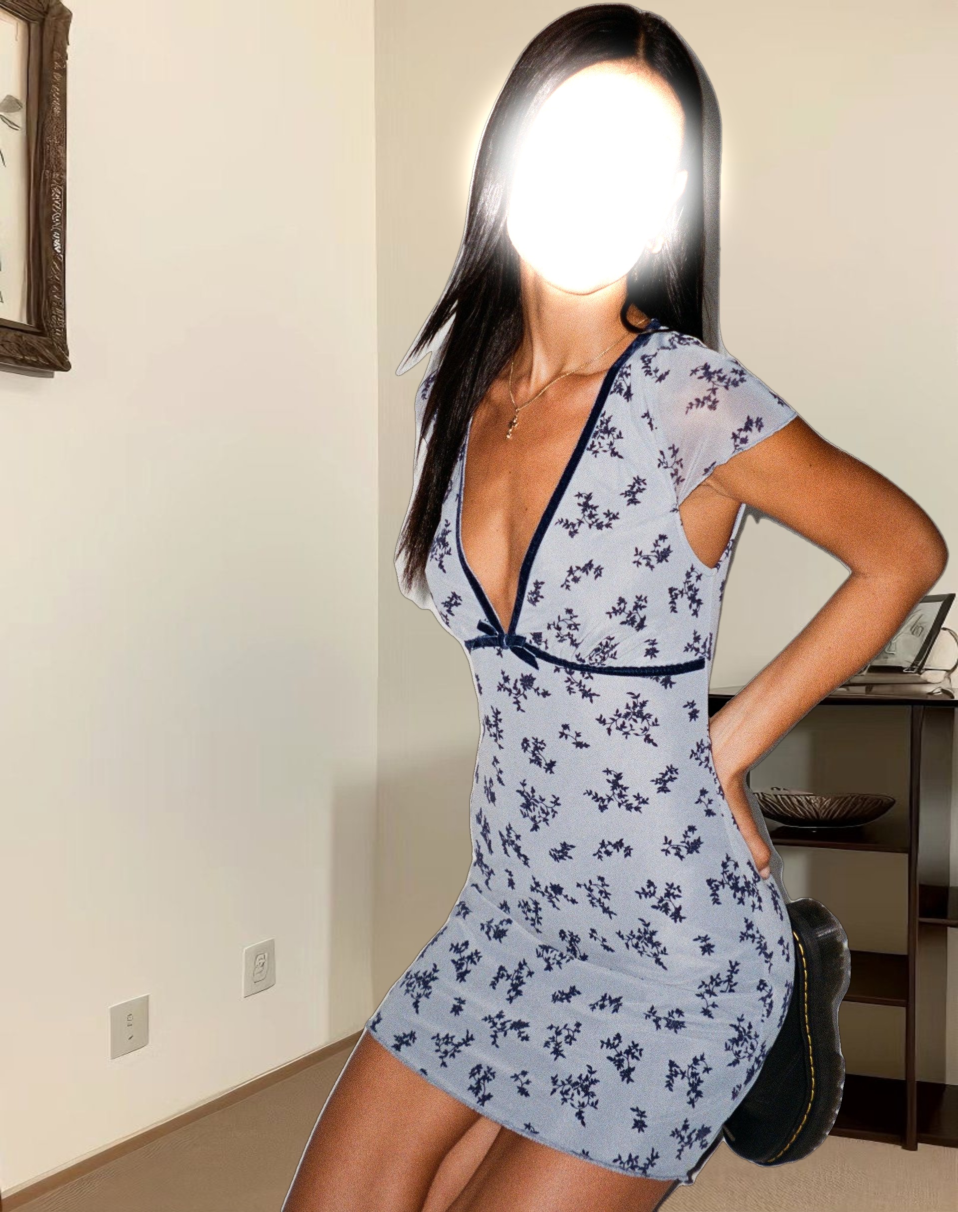 Evilia Mini Dress in Light Blue Black Botanist Flocking