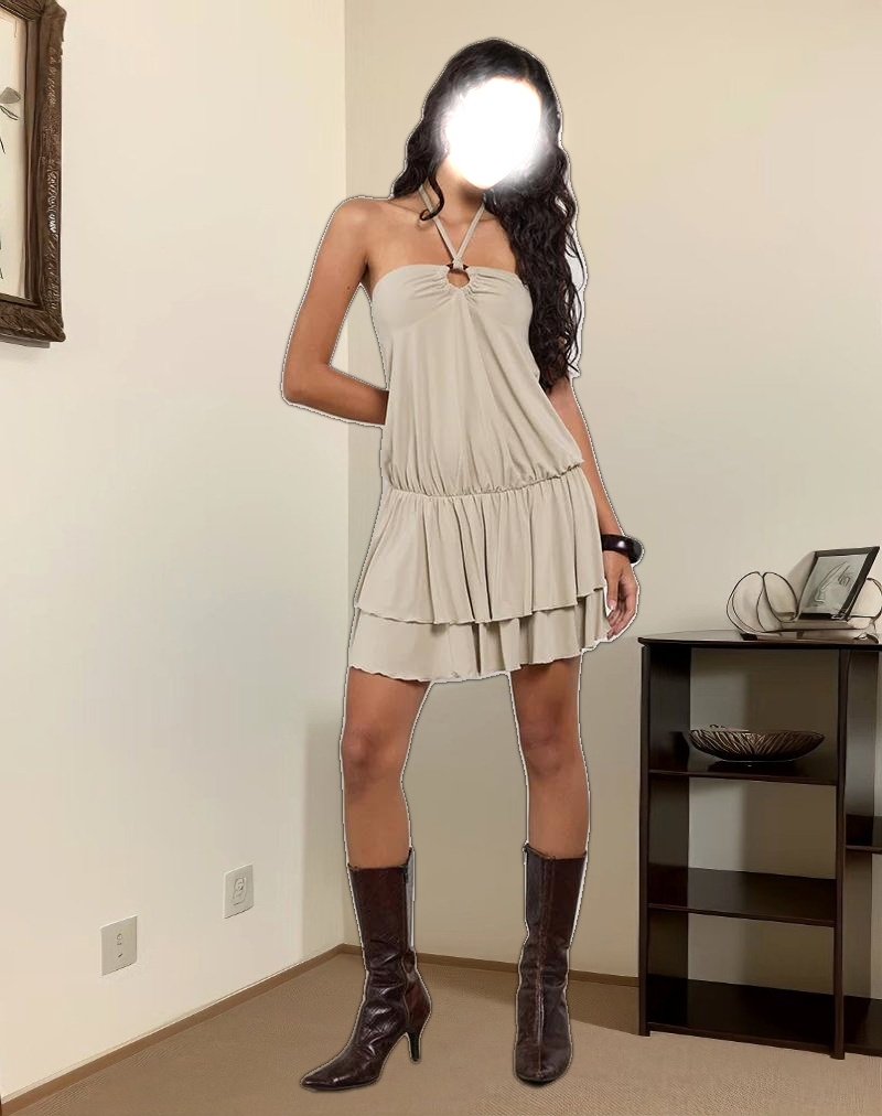 Suraya Plunge Mini Dress in Cupro Oatmilk