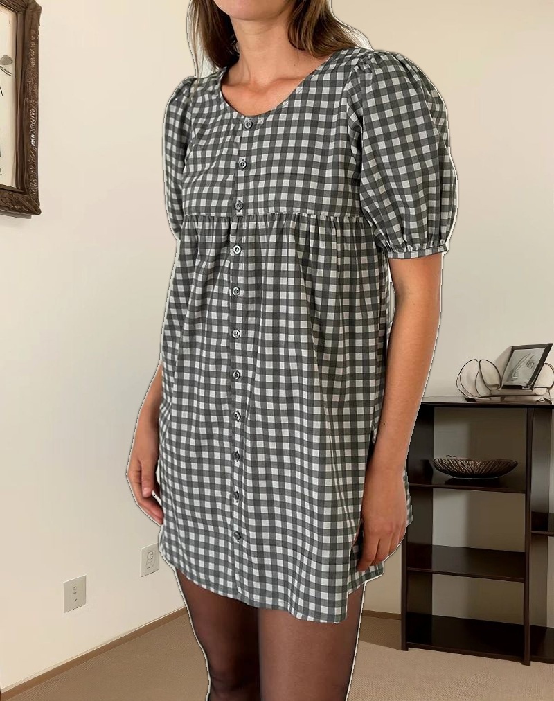 Cybera Mini Dress in Tonal Gingham Black and Grey