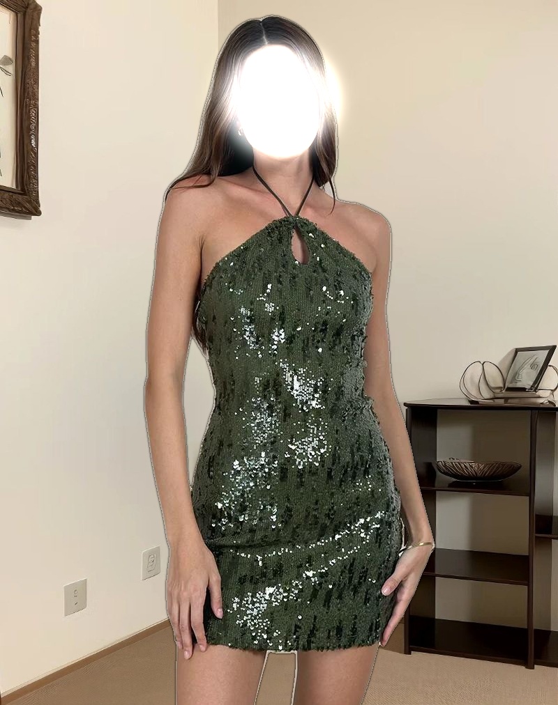 Zumaya Halter Dress in Mixed Drape Sequin Khaki