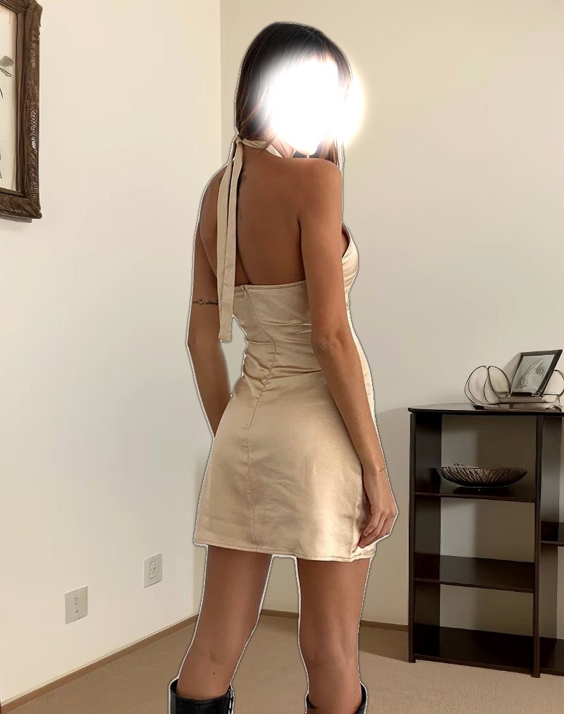 Isolda Satin Halterneck Mini Dress in Champagne with Rosette