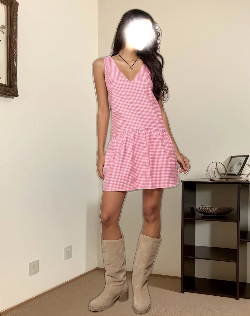 Magare Mini Dress in Mini Gingham Peach