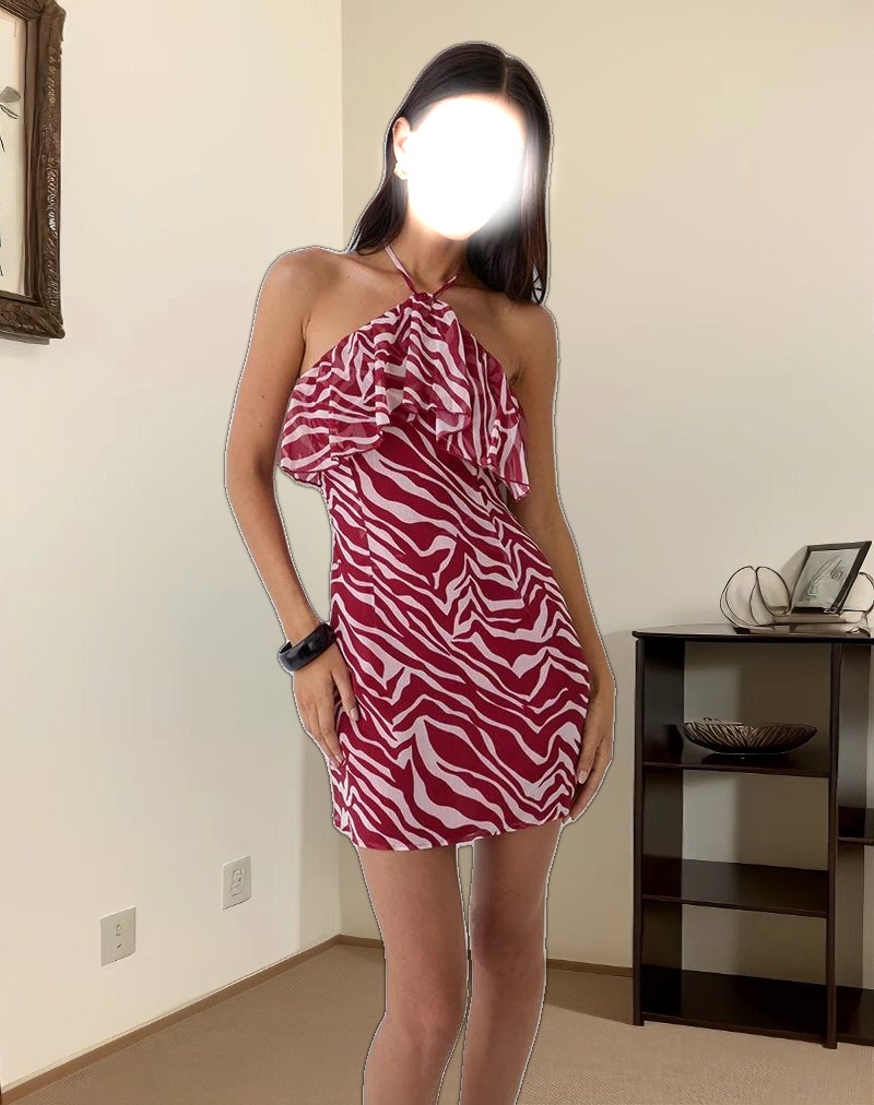 Beyza Halter Mini Dress in Zebra Print Red