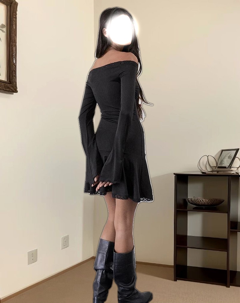 Elwyn Bardot Mini Dress in Slinky Black