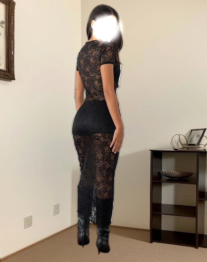 Rium Unlined Midi Dress in Lace Black