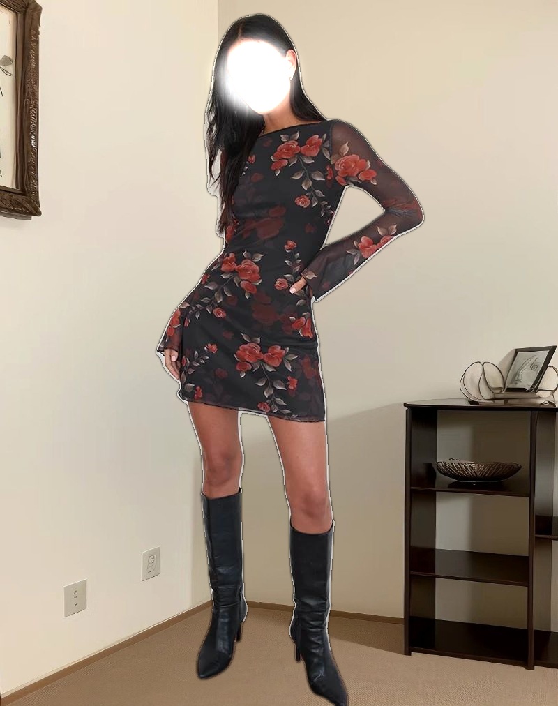 Sevila Long Sleeve Mini Dress in Black Watercolour Rose