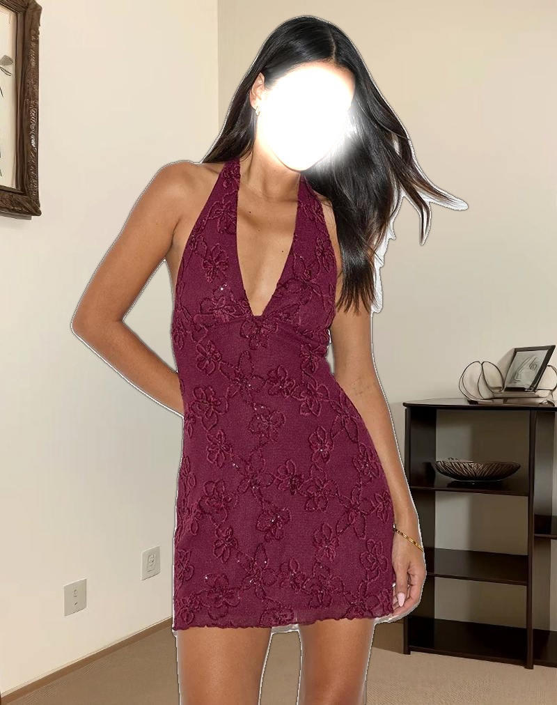 Codami Halterneck Mini Dress in Sequin Knit Burgundy