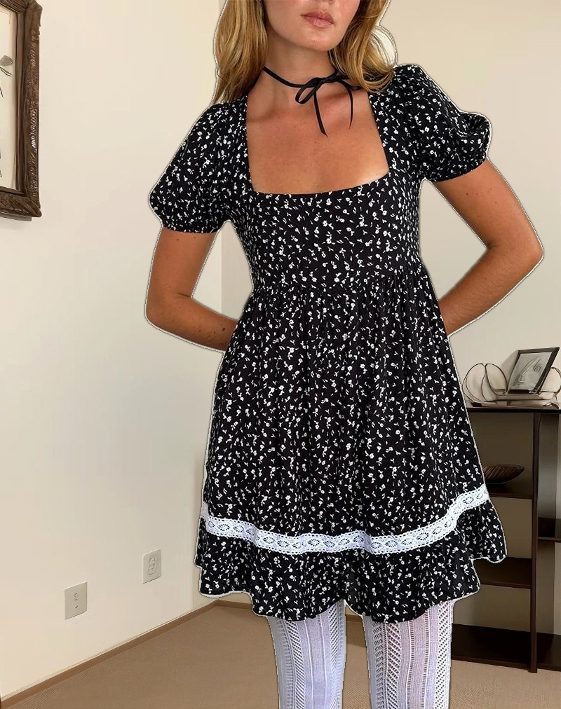 Beling Mini Tea Dress in Black Ditsy Romance