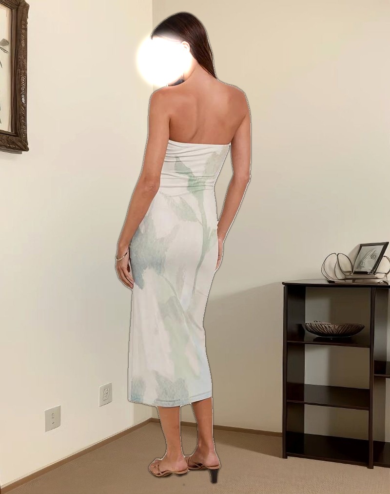 Rosbandi Bandeau Midi Dress in Abstract Painted Flower Blue