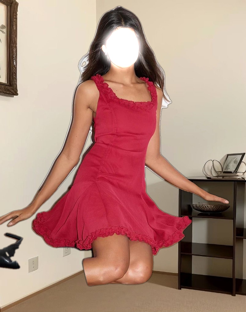 Fulvia Slip Mini Dress with Ruffles in Deep Red