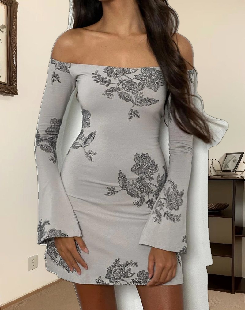 Kausar Off Shoulder Mini Dress in Lace Flower Grey