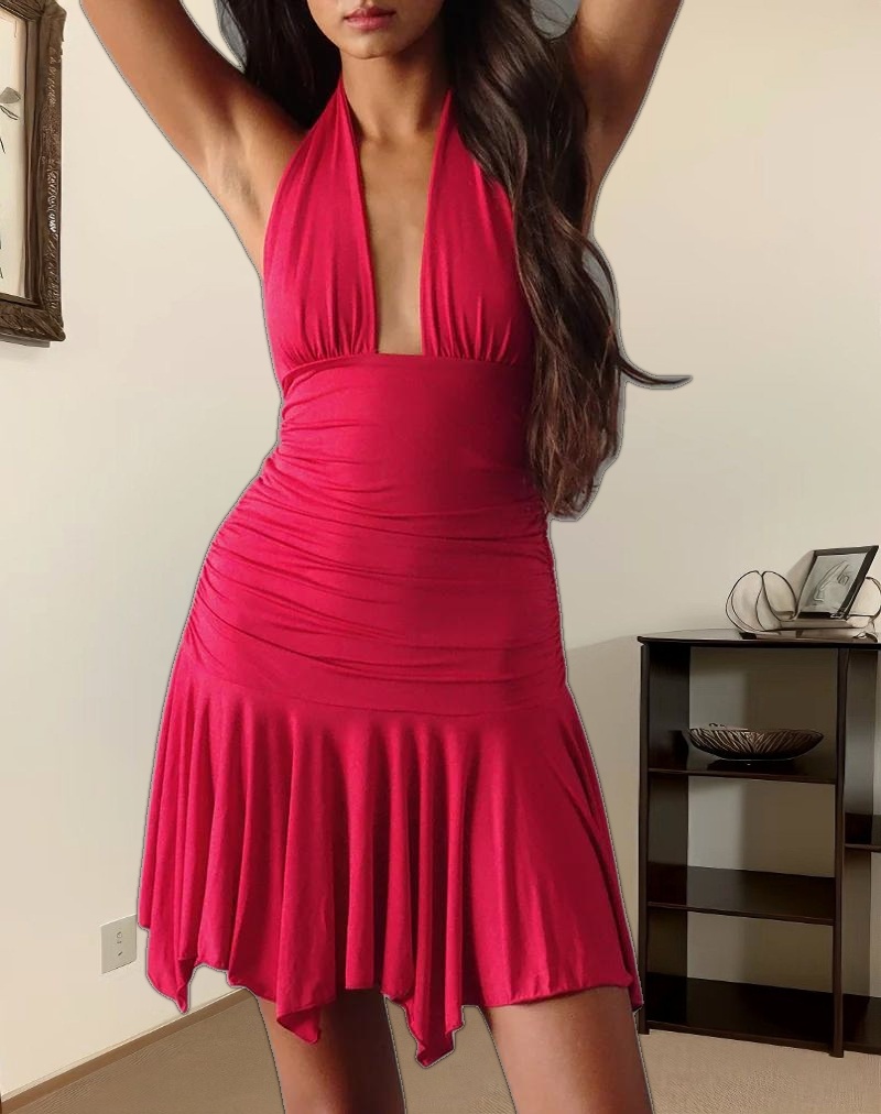 Winslet Plunge Mini Dress in Slinky Red