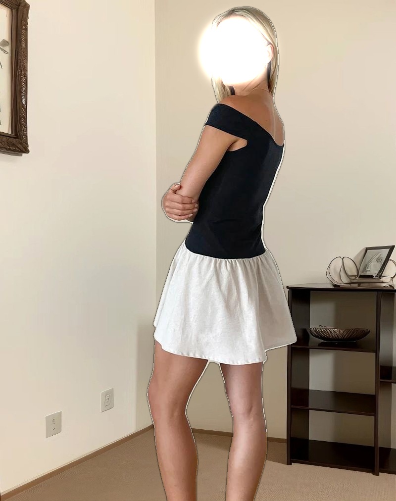 Yael Mini Dress in Lycra Linen Black and Ecru