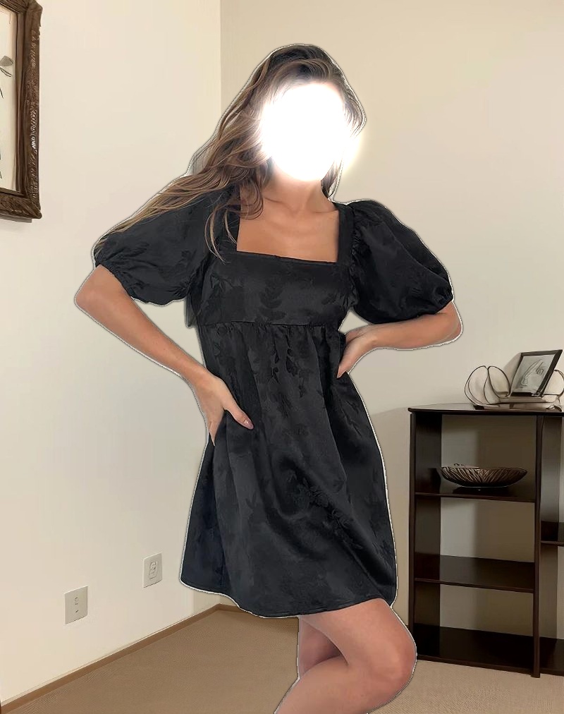 Bimbi Babydoll Mini Dress in Satin Jacquard Black