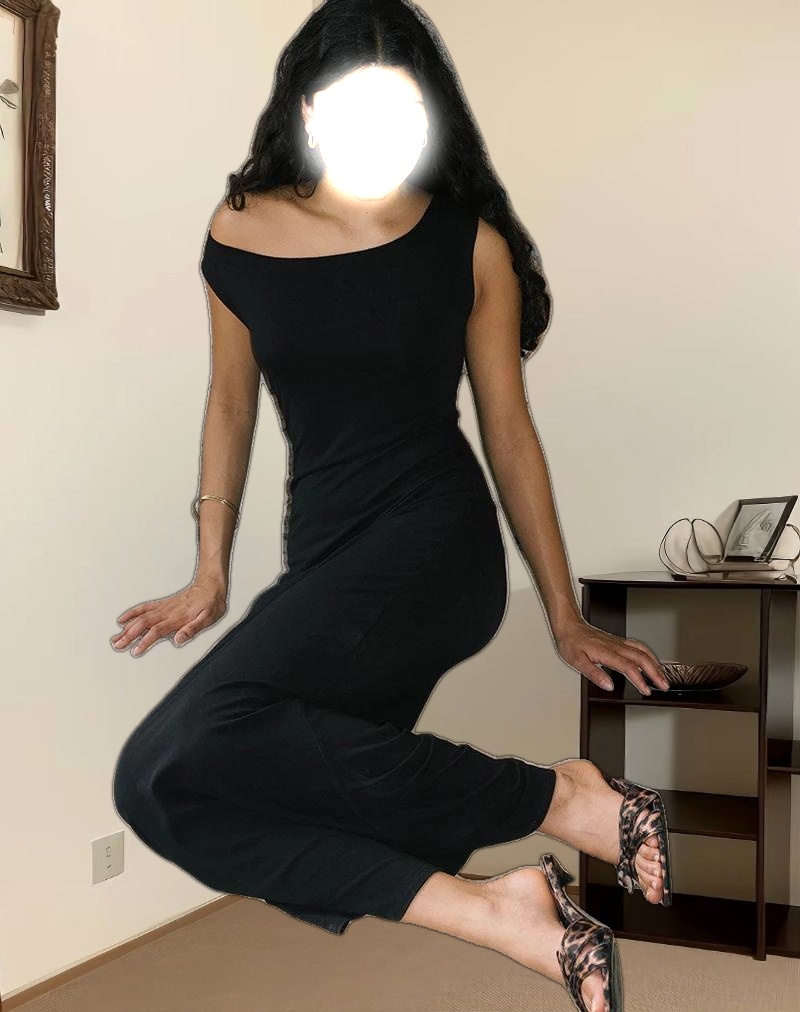 Ardita Asymmetrical Rib Knit Maxi Dress in Black