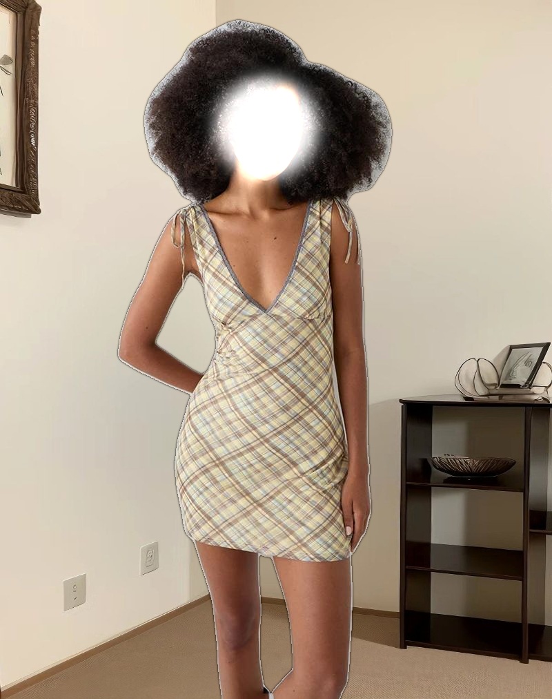 Carmila Gathered Mini Dress in Check Yellow