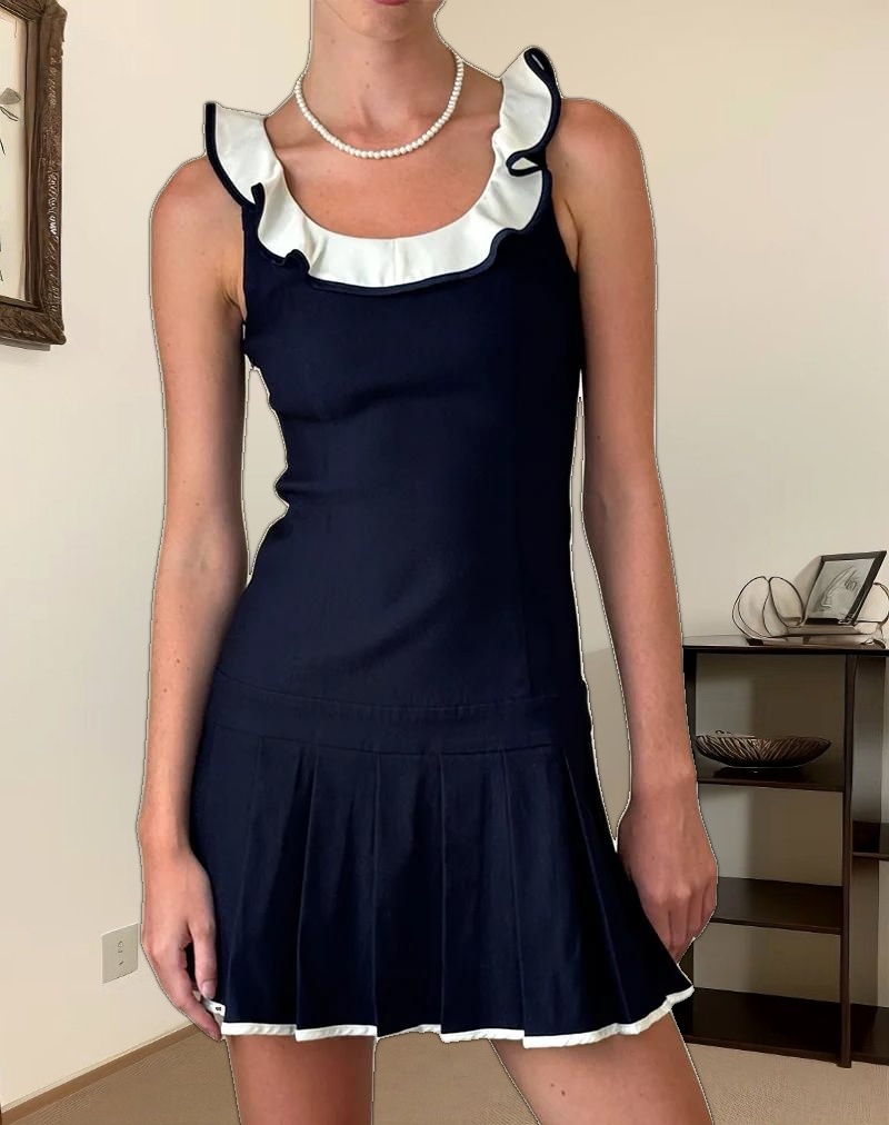 Busari Frill Neck Mini Dress in Navy