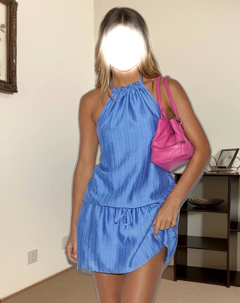 Veloria Halterneck Mini Dress in Blue Chiffon Painted Stripe