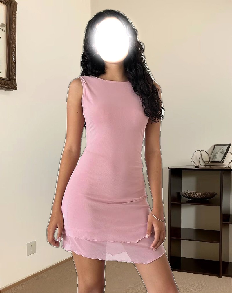 Renata Asymmetrical Mini Dress in Mesh Baby Pink