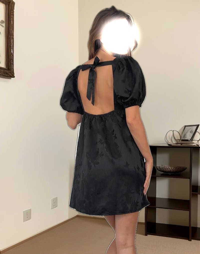 Bimbi Babydoll Mini Dress in Satin Jacquard Black