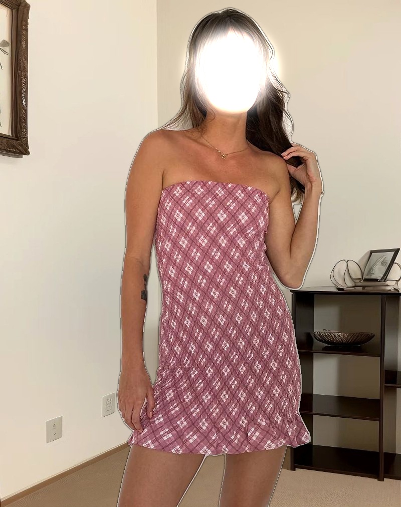 Takiyo Bandeau Mini Dress in Pink Tartan