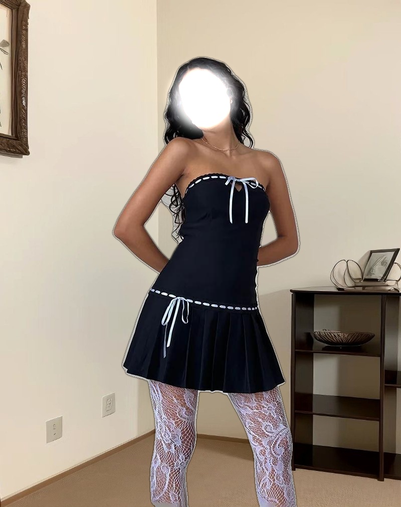 Petula Mini Dress in Black with Blue Contrast Ribbon