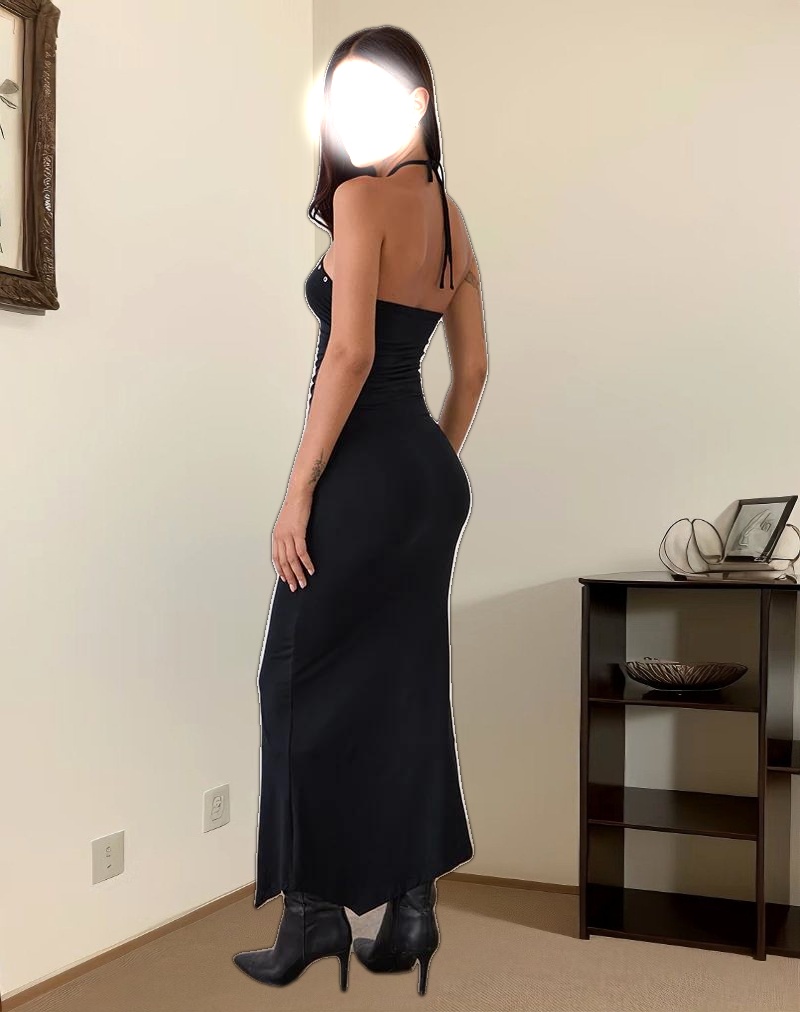 Ishikawa Asymmetrical Maxi Dress with Eyelets in Black