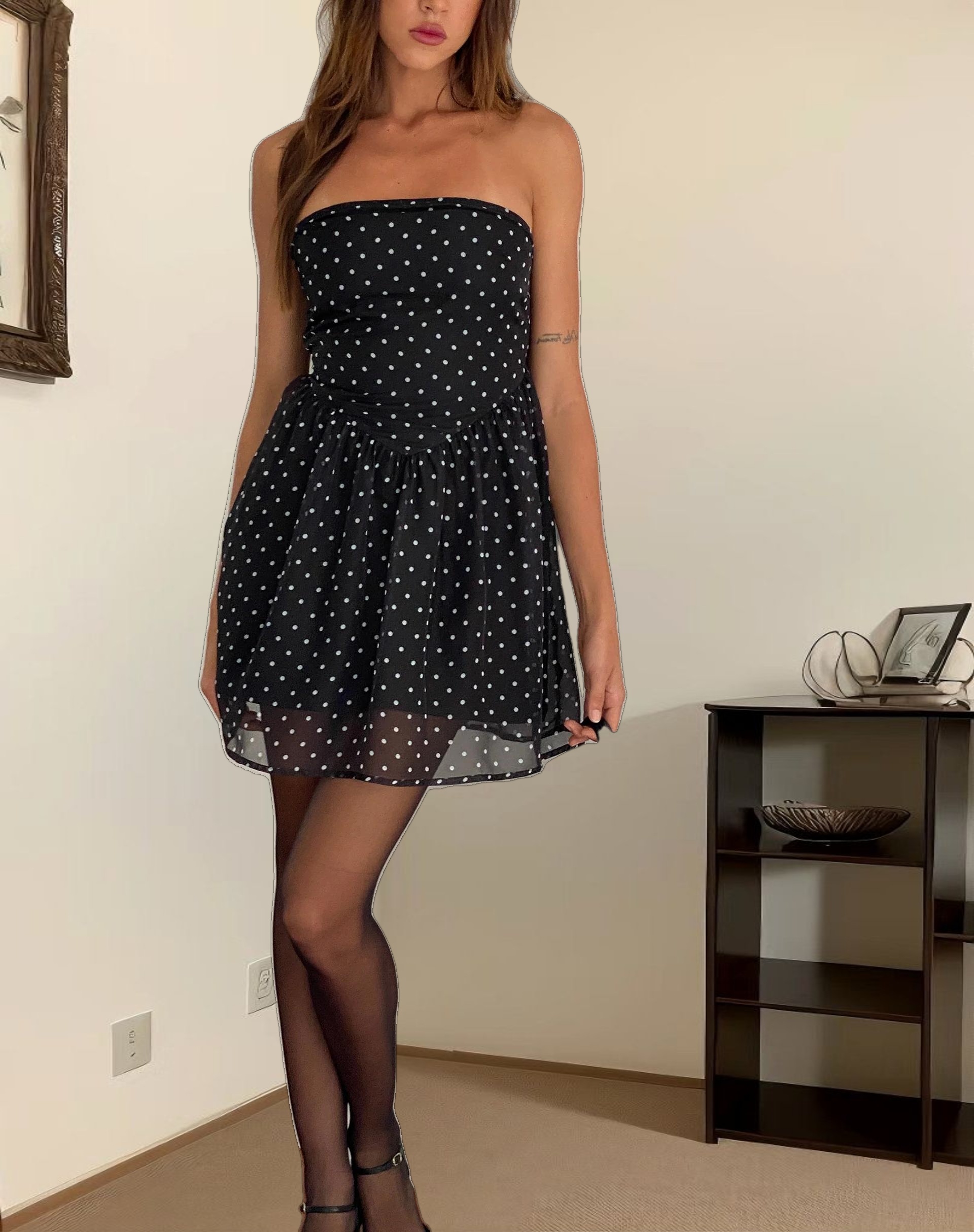 Murni Bandeau Mini Dress in Polka Black Chiffon