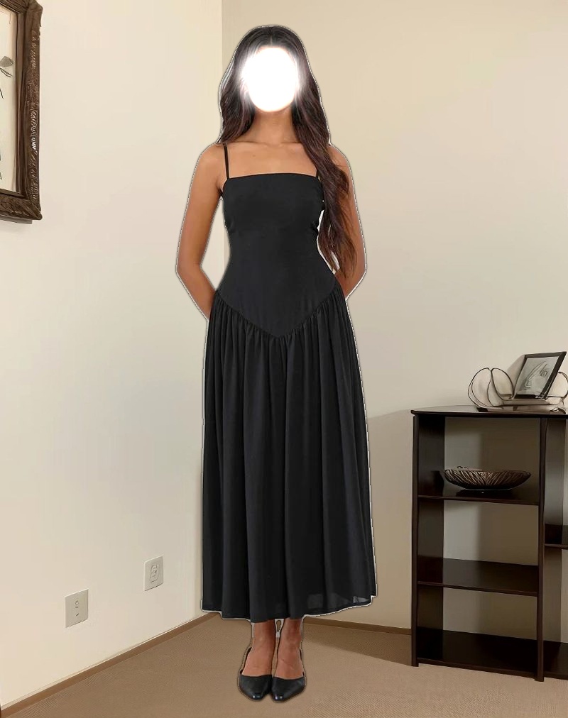 Paduri Drop Waist Midi Dress in Chiffon Black