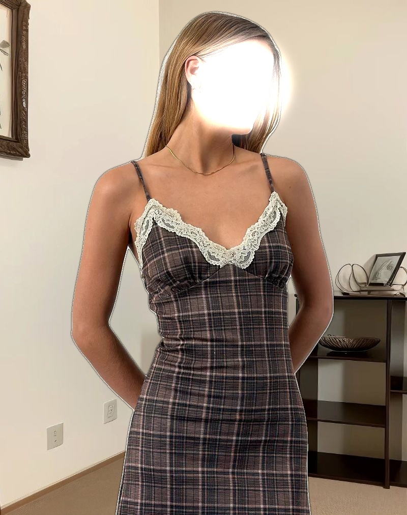 Delfina Midi Dress in Lace Brown Check