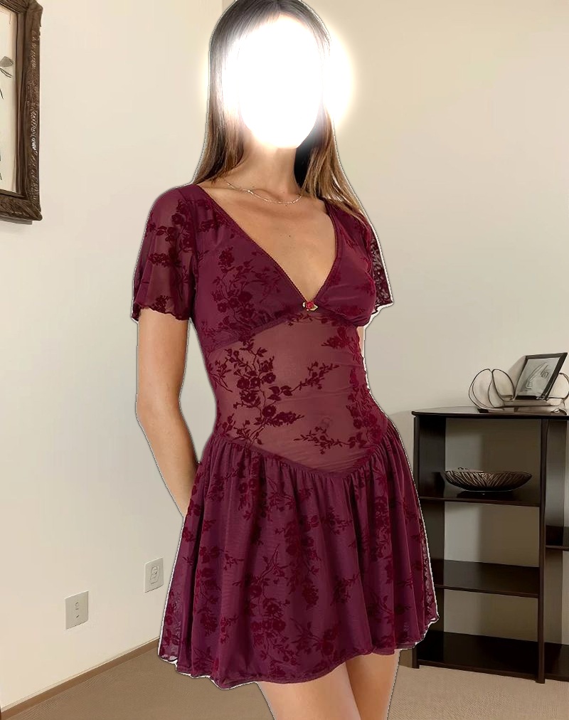 Geni Mini Dress in Botanical Flower Maroon