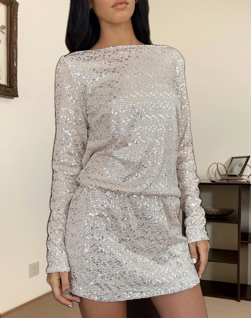 Jasilia Long Sleeve Mini Dress in Neutral Sequin