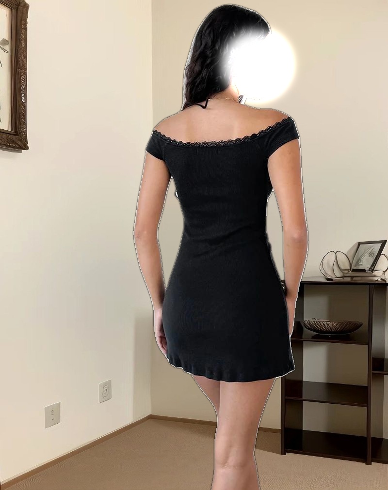 Chana Off Shoulder Mini Dress in Black Rib with Lace Trim