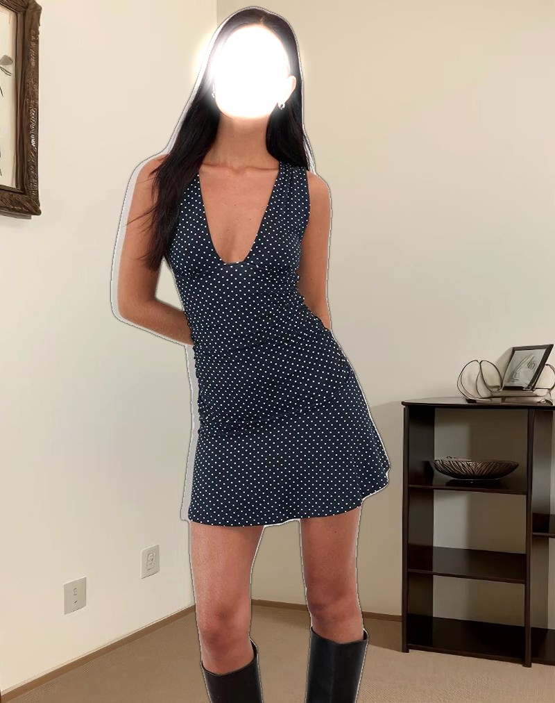Luscian Plunge Mini Dress in Micro Polka Navy