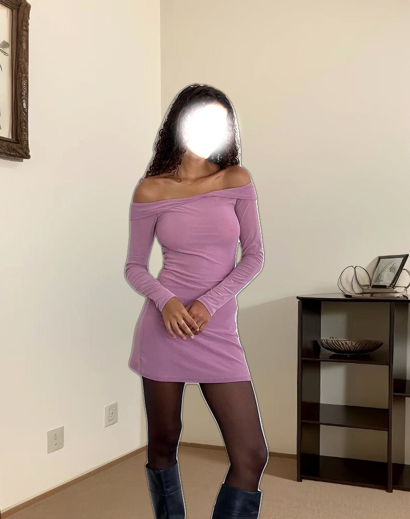 Narima Long Sleeve Bardot Mini Dress in Wisteria Purple