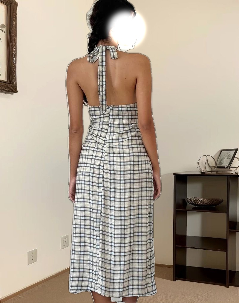 Lenata Halterneck Midi Dress in Pastel Blue Tartan