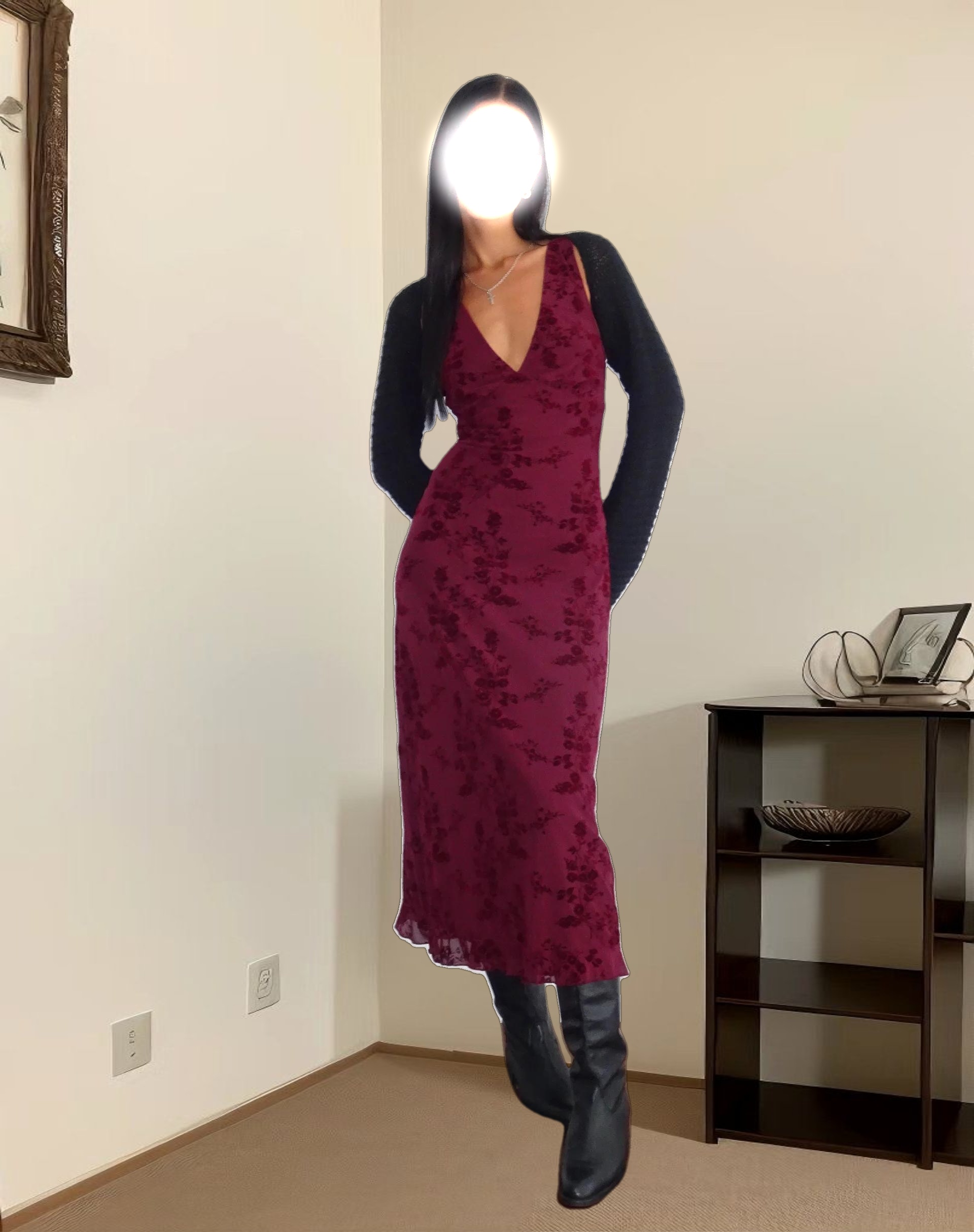 Gabriela Midi Dress in Botanical Flower Maroon