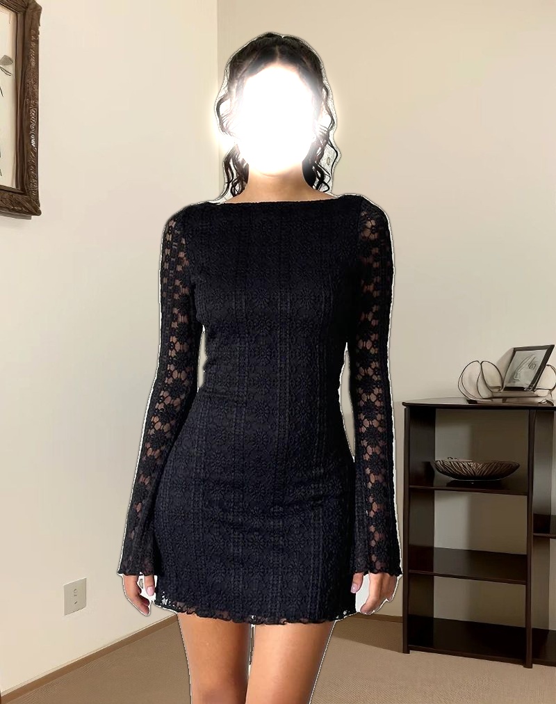 Sevila Long Sleeve Mini Dress in Regal Lace Black