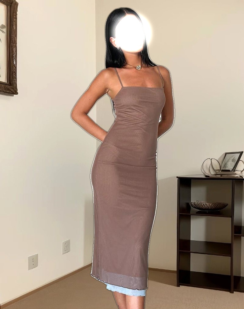 Bisilk Midi Dress in Mesh Brown with Light Blue