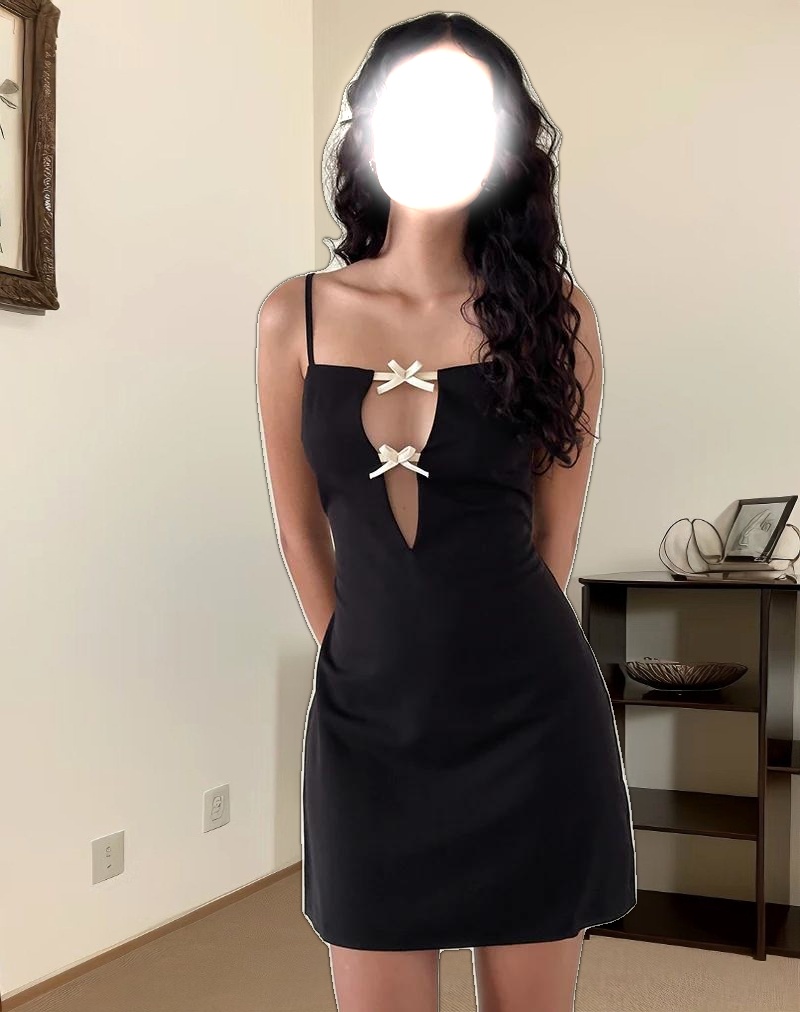 Asinel Mini Dress in Black with Ivory Bow